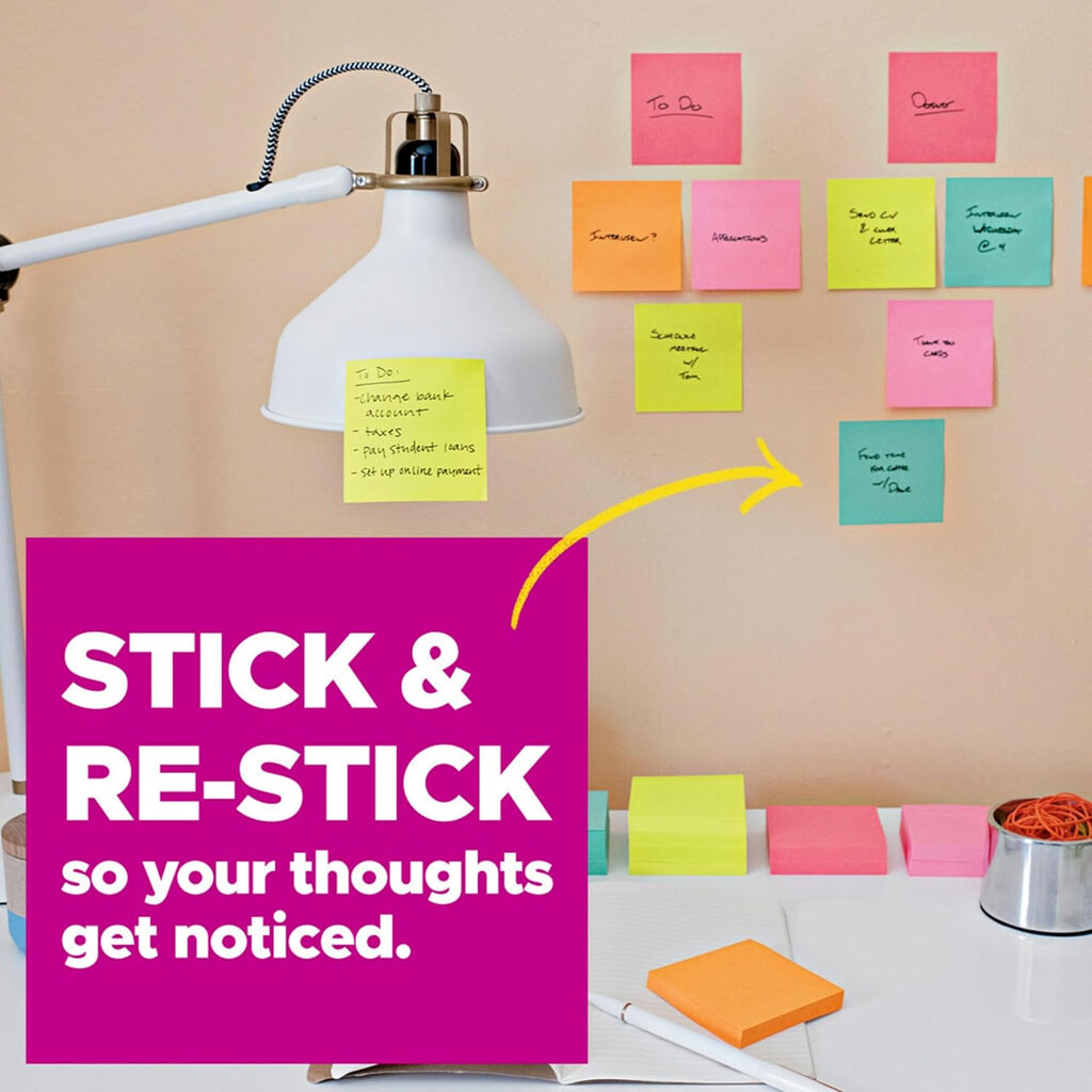 Post-it Super Sticky Notes, 4 in x 4 in, 6 Pads, 2x the Sticking Power, Energy Boost Collection, Bright Colors, Recyclable (675-6SSUC)