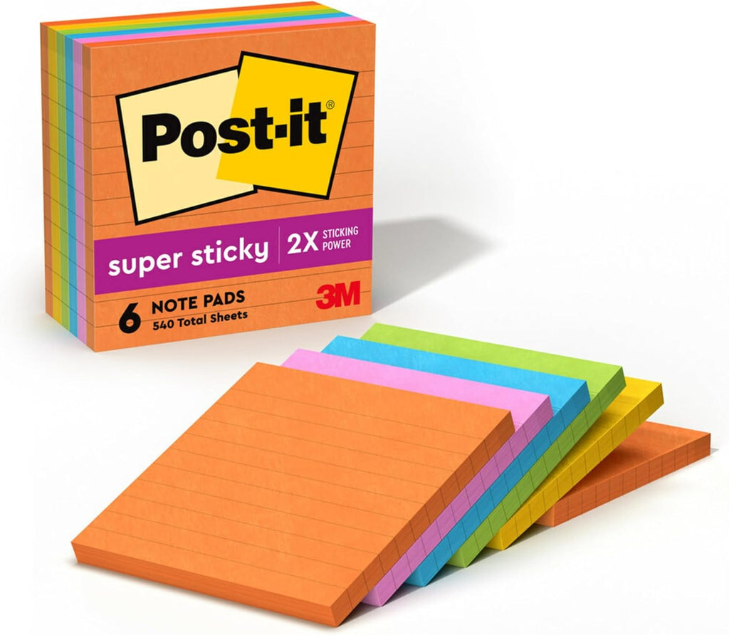 Post-it Super Sticky Notes, 4 in x 4 in, 6 Pads, 2x the Sticking Power, Energy Boost Collection, Bright Colors, Recyclable (675-6SSUC)