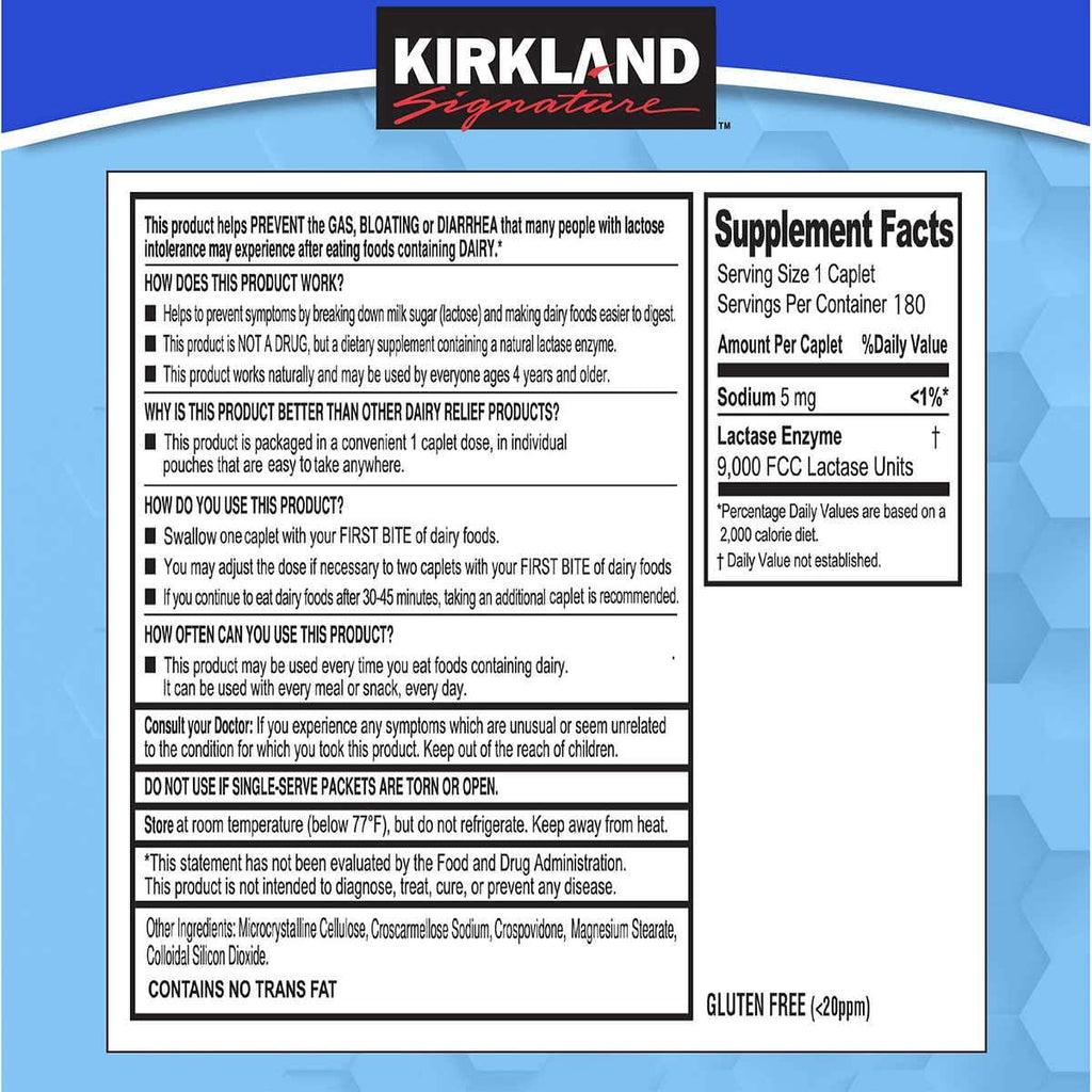 Kirkland Signature Fast Acting Lactase Natural Dairy Digestive Supplement, 180-Count Caplets
