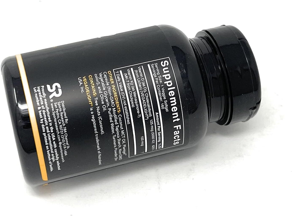 Sports Research Vitamin D3 K2 with 5000iu of Plant-Based D3 & 100mcg of Vitamin K2 as MK-7, Non-GMO Verified & Vegan Certified - 160 Liquid Softgels