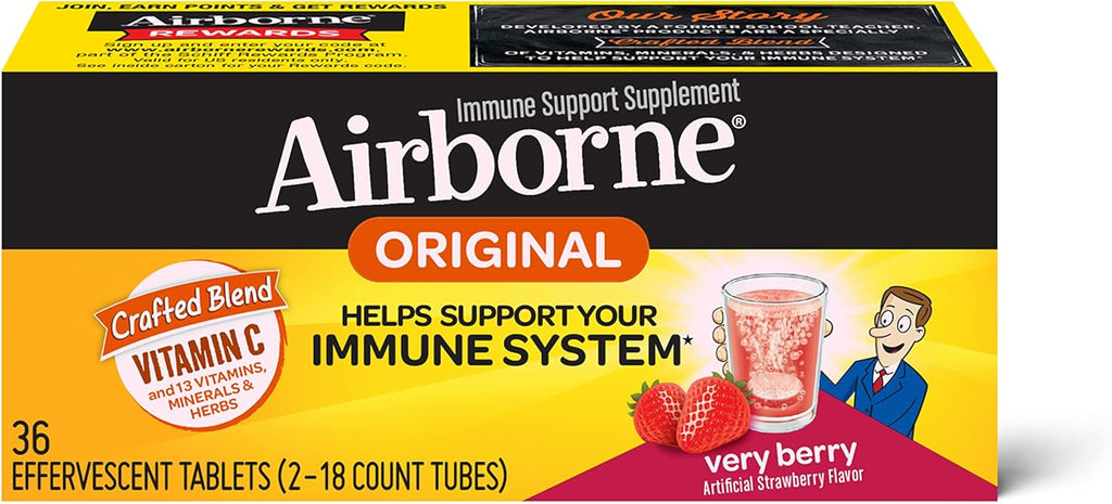 Airborne 1000mg Vitamin C with Zinc Effervescent Tablets, Immune Support Supplement with Powerful Antioxidants Vitamins A C & E - 36 Fizzy Drink Tablets, Very Berry Flavor