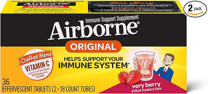 Airborne 1000mg Vitamin C with Zinc Effervescent Tablets, Immune Support Supplement with Powerful Antioxidants Vitamins A C & E - 36 Fizzy Drink Tablets, Very Berry Flavor