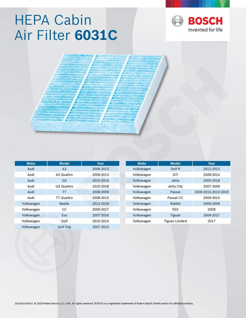 6031C HEPA Cabin Air Filter - Compatible with Select Audi A3, Q3, TT, TT RS, TTS, Volkswagen Beetle, CC, Eos, Golf, GTI, Jetta, Passat, Passat CC, R32, Rabbit, Tiguan, Tiguan Limited