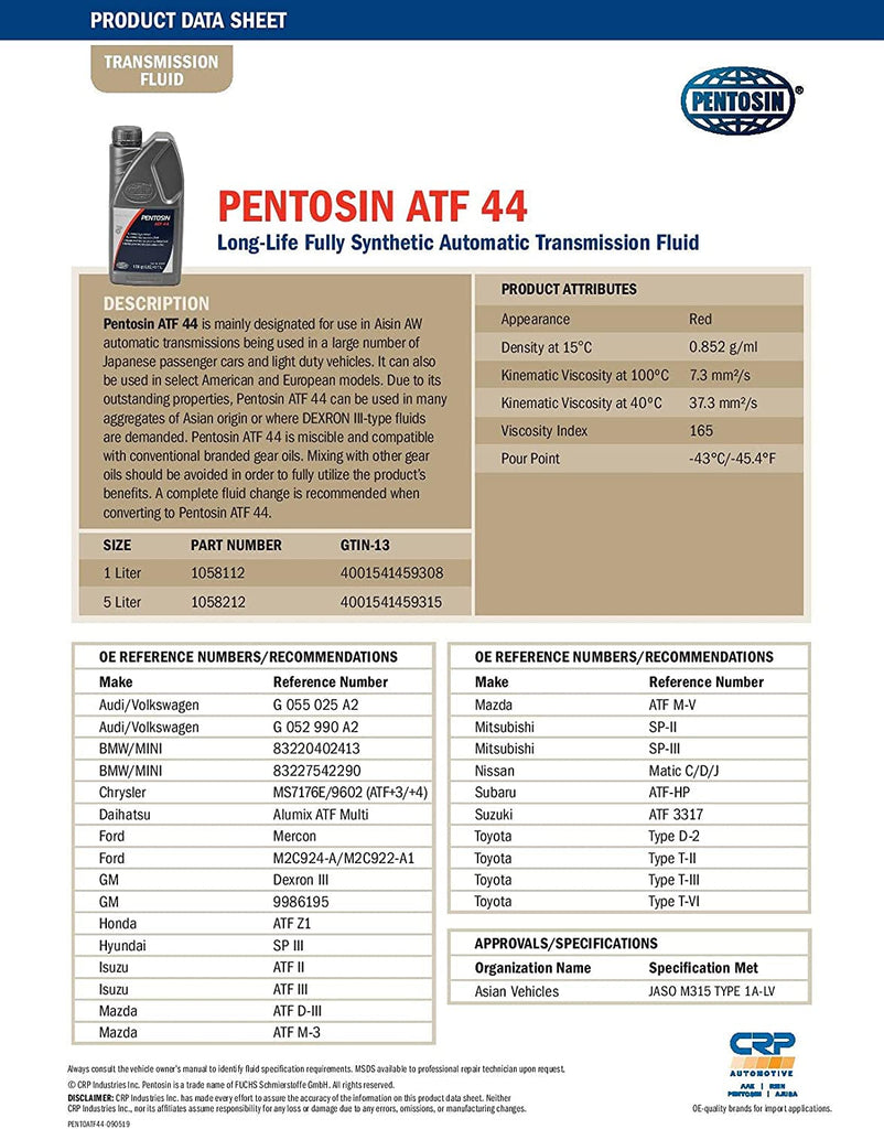 1058212 ATF 44 Long-Life Full Synthetic Automatic Transmission Fluid; 5 Liter