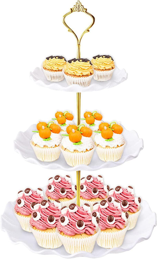 3 Tier Cupcake Stand Holder,  Plastic Cup Cake Stand Towel with Tiered Serving Tray for Cupcakes, Donuts, Fruits and More, White