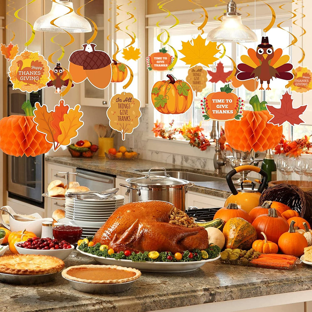 Dazonge Thanksgiving Decorations 40PCS, Pre-Assembled Thanksgiving Banner, Hanging Swirls, Fall Leaves Garland and Honeycomb Pumpkins for Thanksgiving Decor, Fall Decor, Thanksgiving Decorations for Home