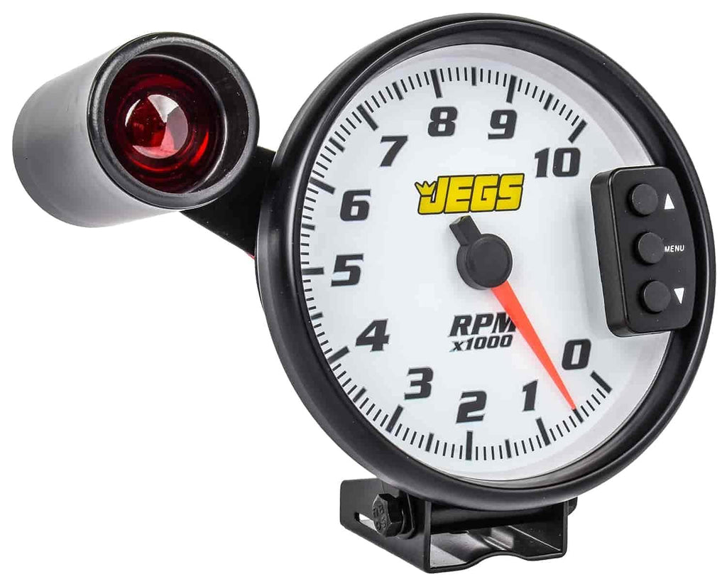 5” Tachometer | White Face with Black Bezel | 0-10,000 RPM Range | Super-Bright LED Shift Light | One-Touch Peak RPM Recall | Mounting Bracket Included