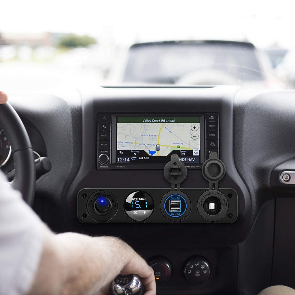 4 in 1 ON/OFF Charger Socket Panel Dual USB Socket Power Outlet & LED Voltmeter &Cigarette Lighter Socket& LED Lighted on off Rocker Toggle Switch for Truck Car Marine Boats RV,2 Yeas Warranty