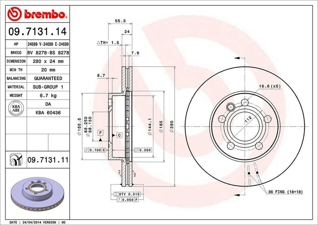 Brembo Front Disc Brake Rotor for 1997-2000 Eurovan (09.7131.11)