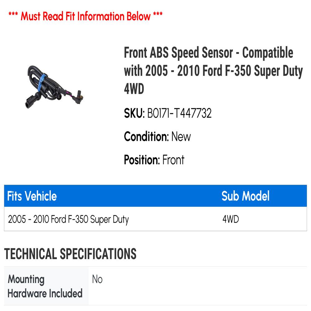 Front ABS Speed Sensor - Compatible with 2005 - 2010 Ford F-350 Super Duty 4WD 2006 2007 2008 2009