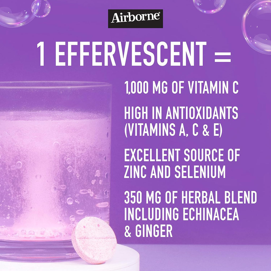 Airborne 1000mg Vitamin C with Zinc Effervescent Tablets, Immune Support Supplement with Powerful Antioxidants Vitamins A C & E - 36 Fizzy Drink Tablets, Very Berry Flavor
