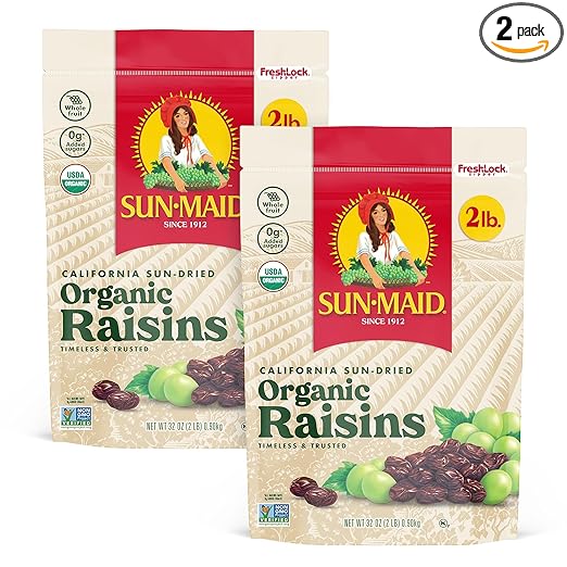 Sun-Maid Organic California Sun-Dried Raisins - (2 Pack) 32 oz Resealable Bag - Organic Dried Fruit Snack for Lunches, Snacks, and Natural Sweeteners