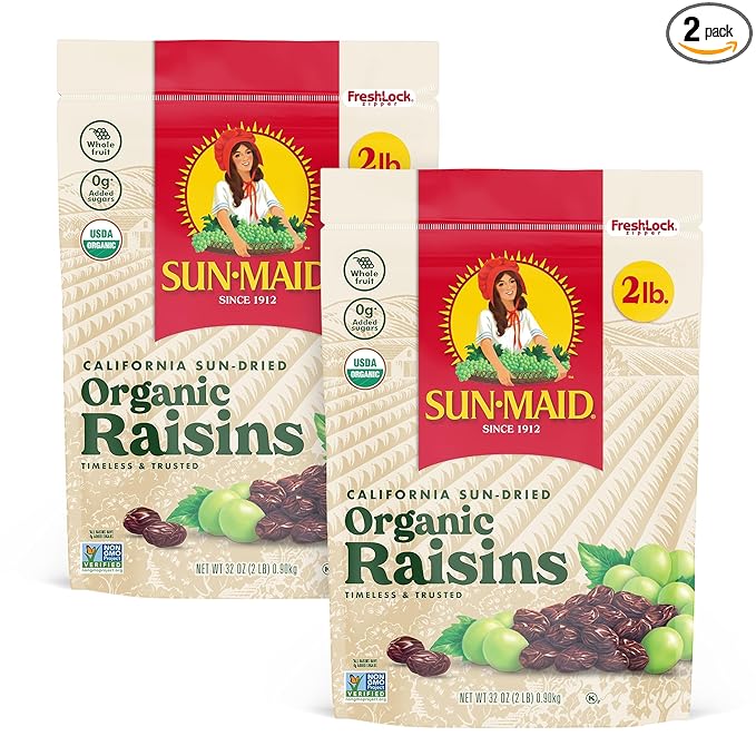 Sun-Maid Organic California Sun-Dried Raisins - (2 Pack) 32 oz Resealable Bag - Organic Dried Fruit Snack for Lunches, Snacks, and Natural Sweeteners