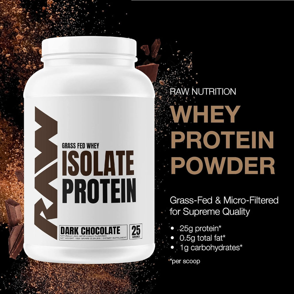 RAW Whey Isolate Protein Powder, Dark Chocolate - 100% Grass-Fed Sports Nutrition Whey Protein Powder for Muscle Growth & Recovery - Low-Fat, Low Carb, Naturally Flavored & Sweetened - 25 Servings