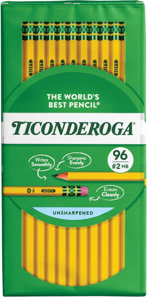 Ticonderoga Wood-Cased Pencils, Unsharpened, #2 HB Soft, Yellow, 96 Count