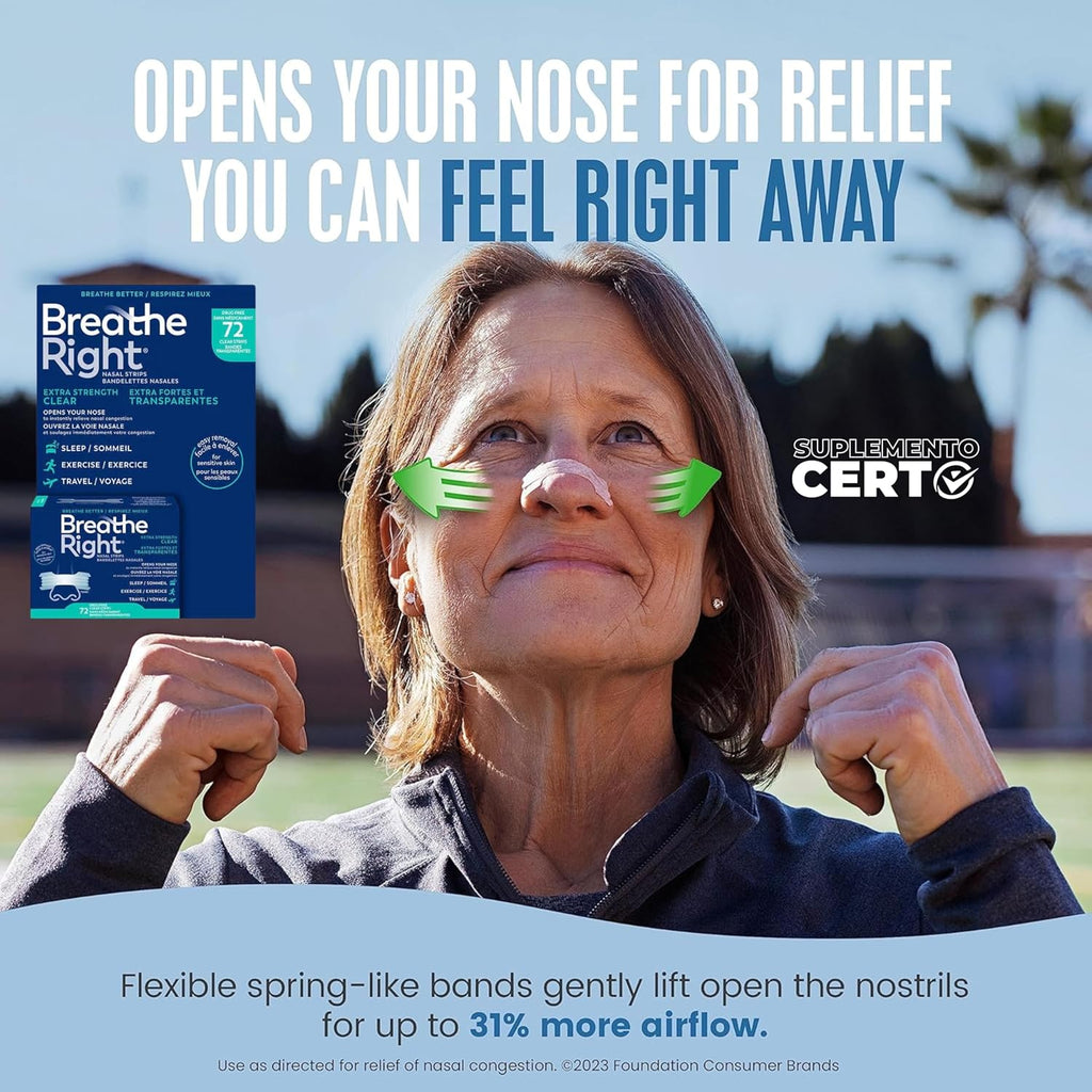 Breathe Right Nasal Strips, Extra Clear for Sensitive Skin, 72 Clear Strips