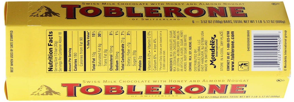 Toblerone Swiss Milk Chocolate with Honey and Almond Nougat, 6 - 100g Bars, Total Net Wt 600g, 3.52 Ounce (Pack of 6)