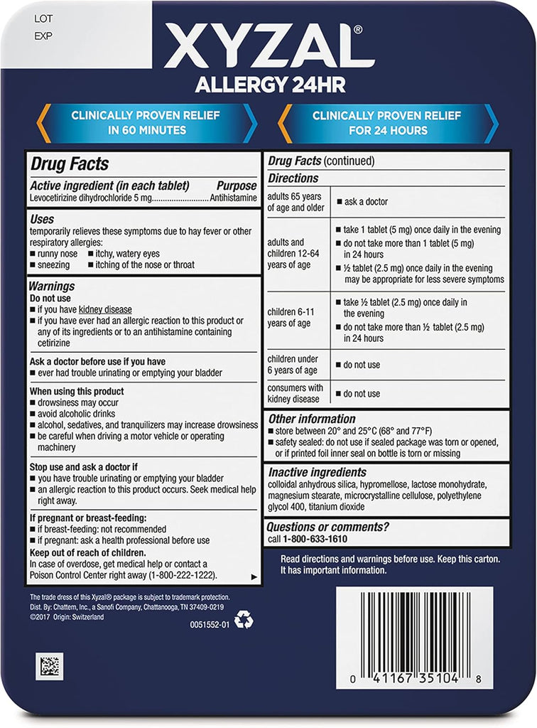 Xyzal Allergy Pills, 24-Hour Allergy Relief, Original Prescription Strength,55 Count (Pack of 2)