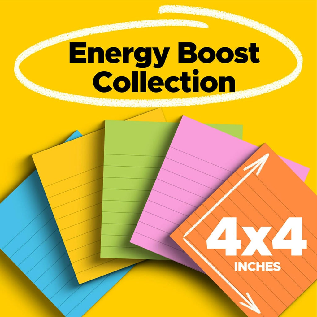 Post-it Super Sticky Notes, 4 in x 4 in, 6 Pads, 2x the Sticking Power, Energy Boost Collection, Bright Colors, Recyclable (675-6SSUC)