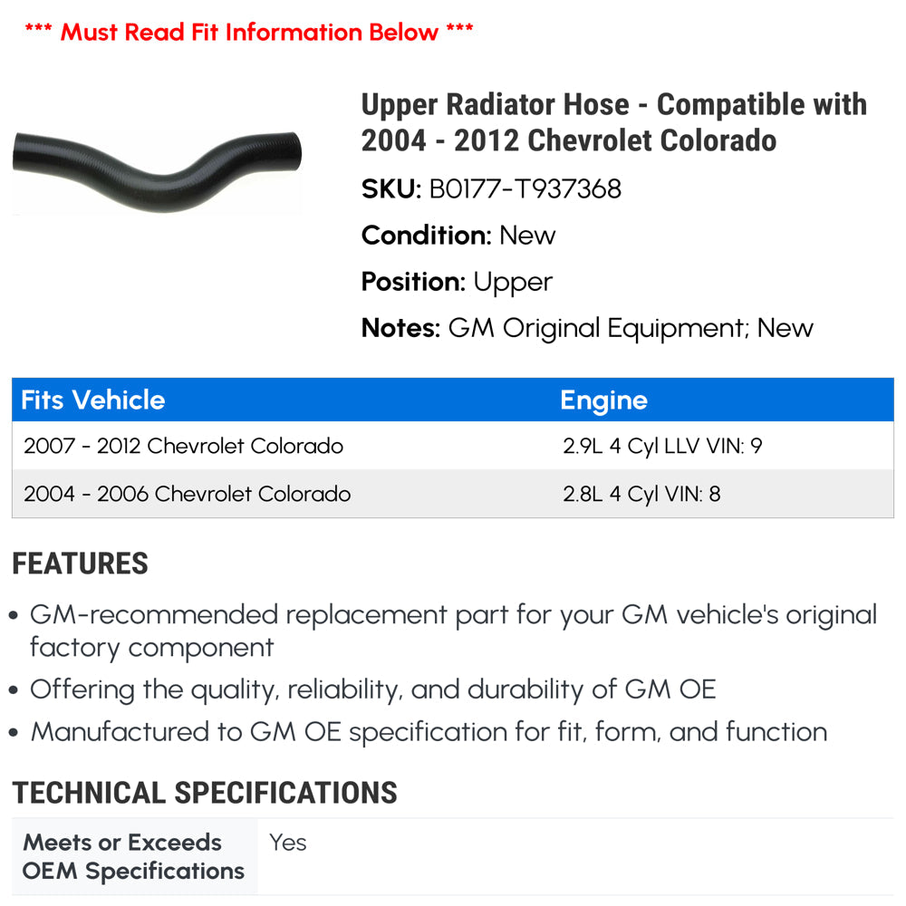 Upper Radiator Hose - Compatible with 2004 - 2012 Chevy Colorado 2005 2006 2007 2008 2009 2010 2011