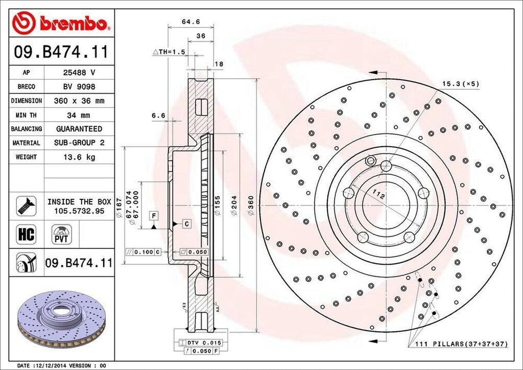 Brembo Front Disc Brake Rotor for 13-15 Mercedes-Benz SL550 (09.B474.11)