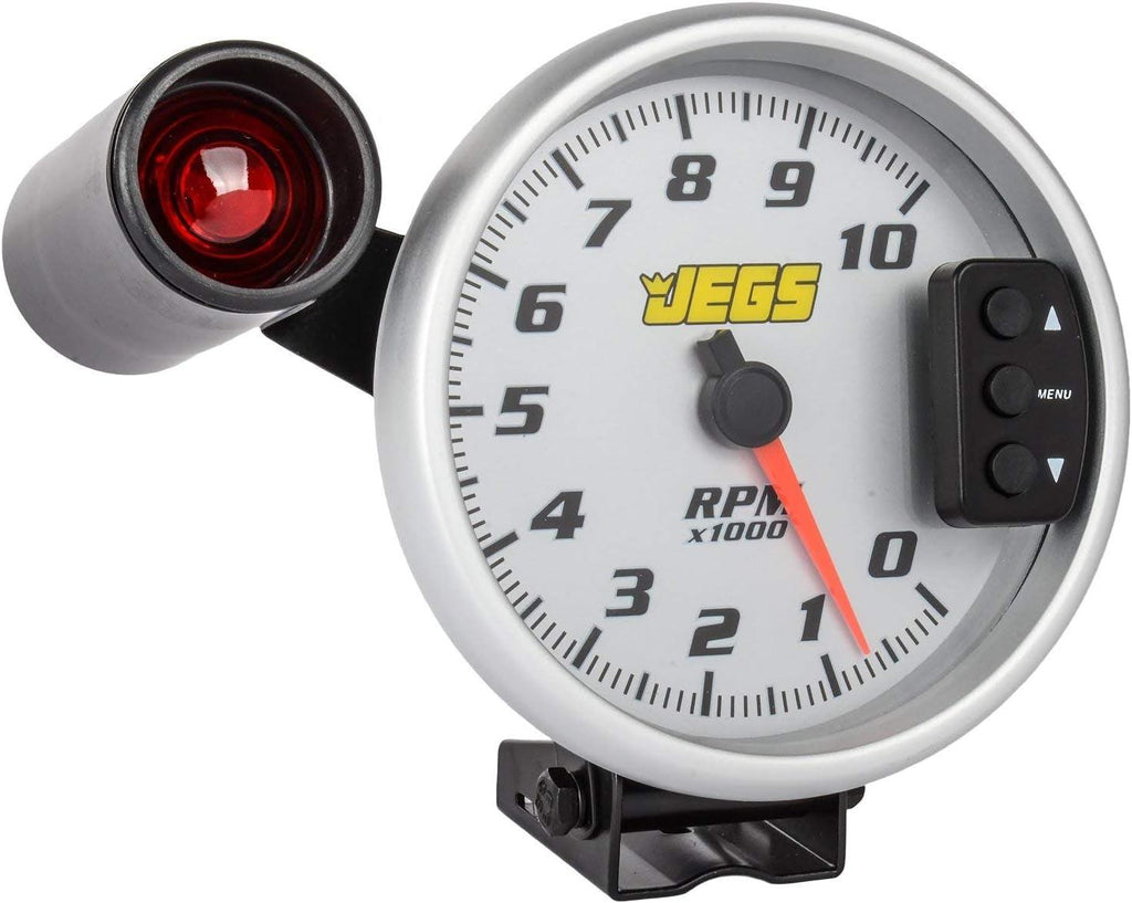5” Tachometer | Silver Face with Silver Bezel | 0-10,000 RPM Range | Super-Bright LED Shift Light | One-Touch Peak RPM Recall | Mounting Bracket Included