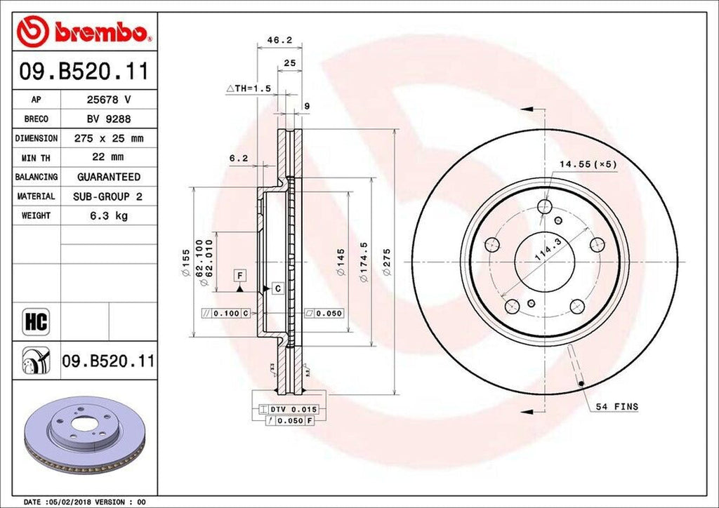 Brembo Front Disc Brake Rotor for RAV4, Prius V, Xb, Hs250H (09.B520.11)
