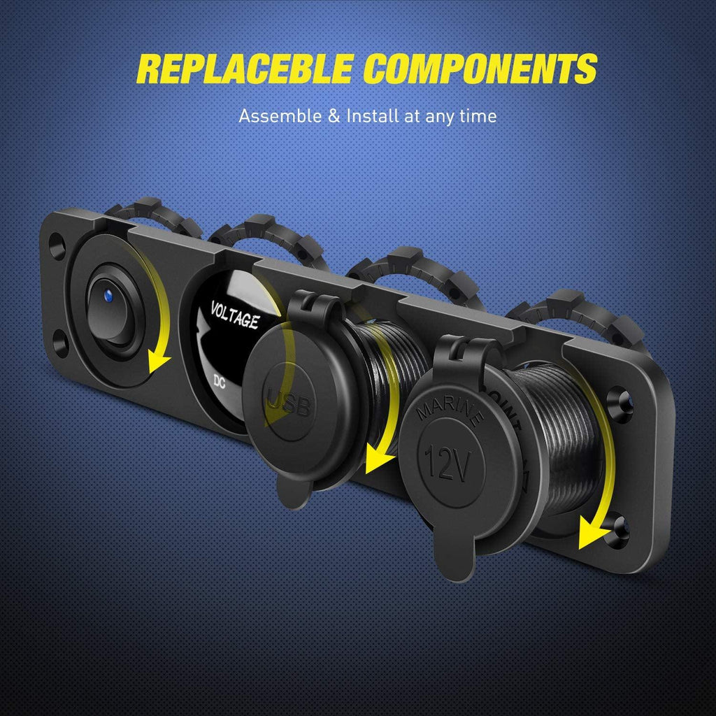 4 in 1 ON/OFF Charger Socket Panel Dual USB Socket Power Outlet & LED Voltmeter &Cigarette Lighter Socket& LED Lighted on off Rocker Toggle Switch for Truck Car Marine Boats RV,2 Yeas Warranty