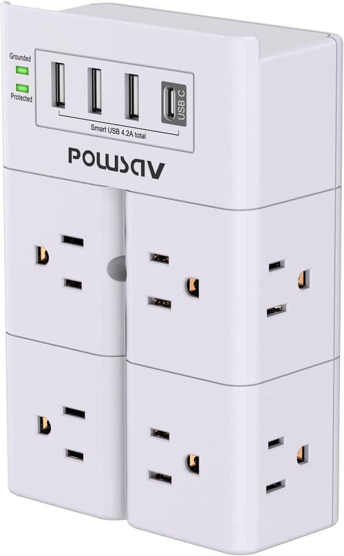 Surge Protector USB Outlet Extender -  8-Outlet Splitter and 4 USB Ports(1Usb C Port), Wall Mount Multi Plug Outlet for Home, Office, Dorm Essentials, Hotel, White, ETL Listed