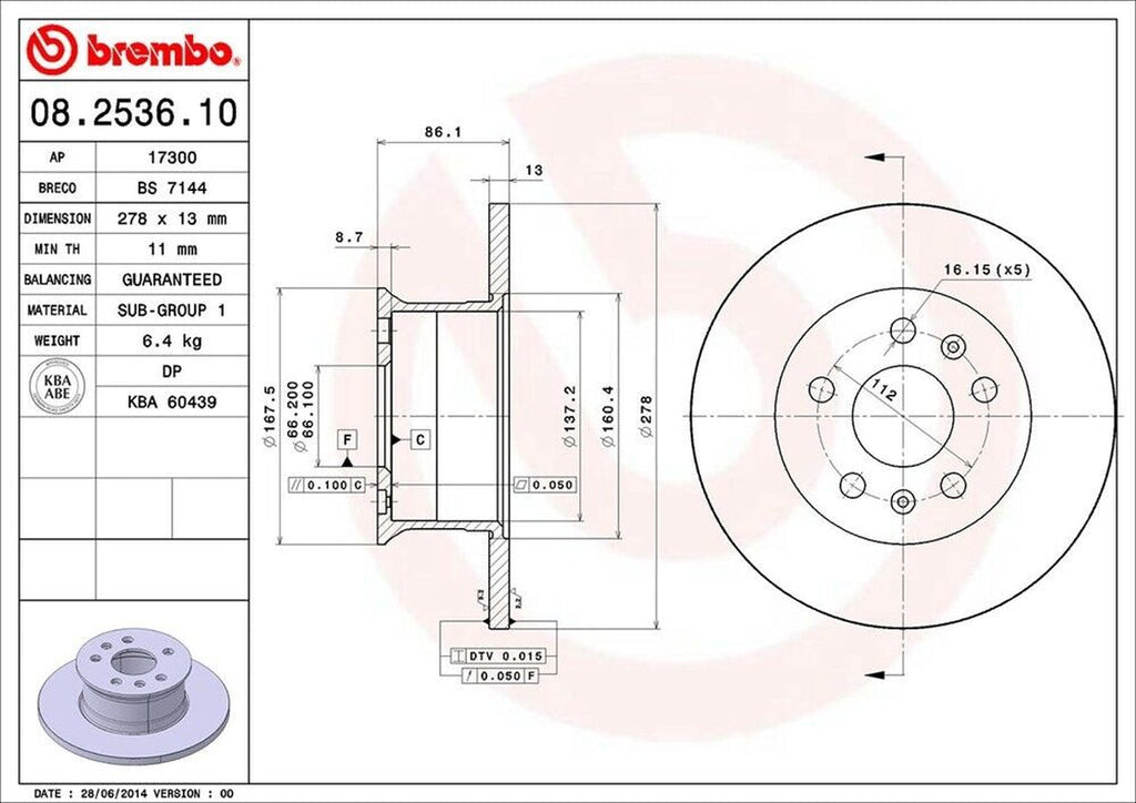 Brembo Front Disc Brake Rotor for Transporter, Campmobile (08.2536.10)