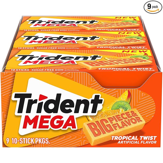 Trident Mega Tropical Twist Sugar Free Gum, 9 Packs of 10 Pieces (90 Total Pieces)
