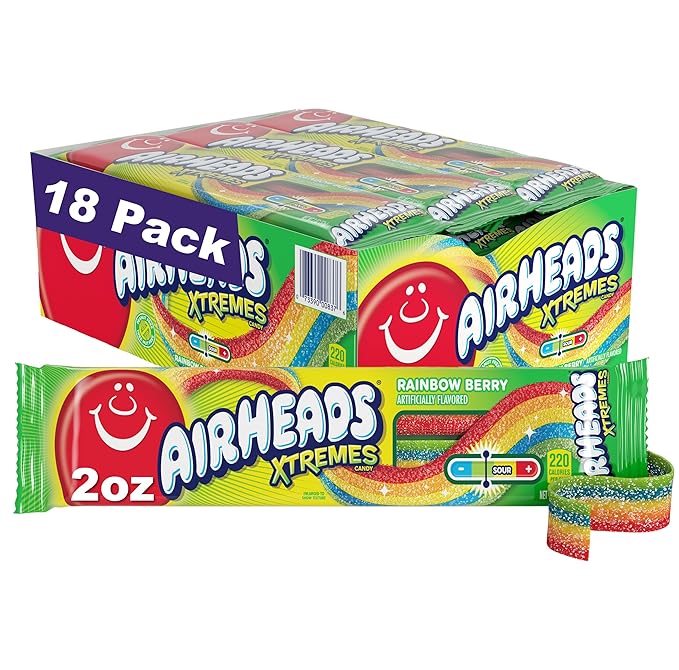 Airheads Xtremes Belts Sweetly Sour Candy, Rainbow Berry, Non Melting, Bulk Party Bag, 2 oz (Pack of 18)