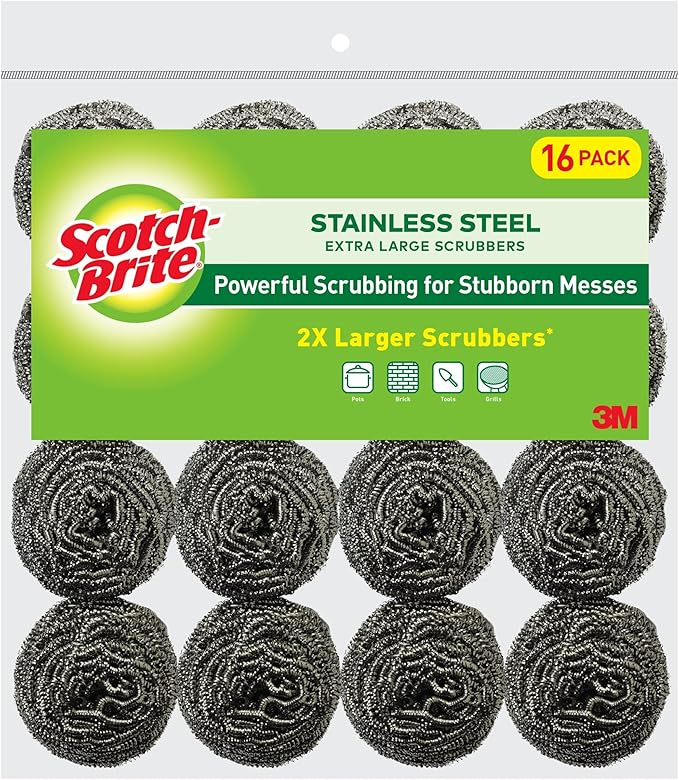 Scotch-Brite Stainless Steel Scrubbers, Durable, Ideal for Uncoated Cookware, 16 Scrubbers
