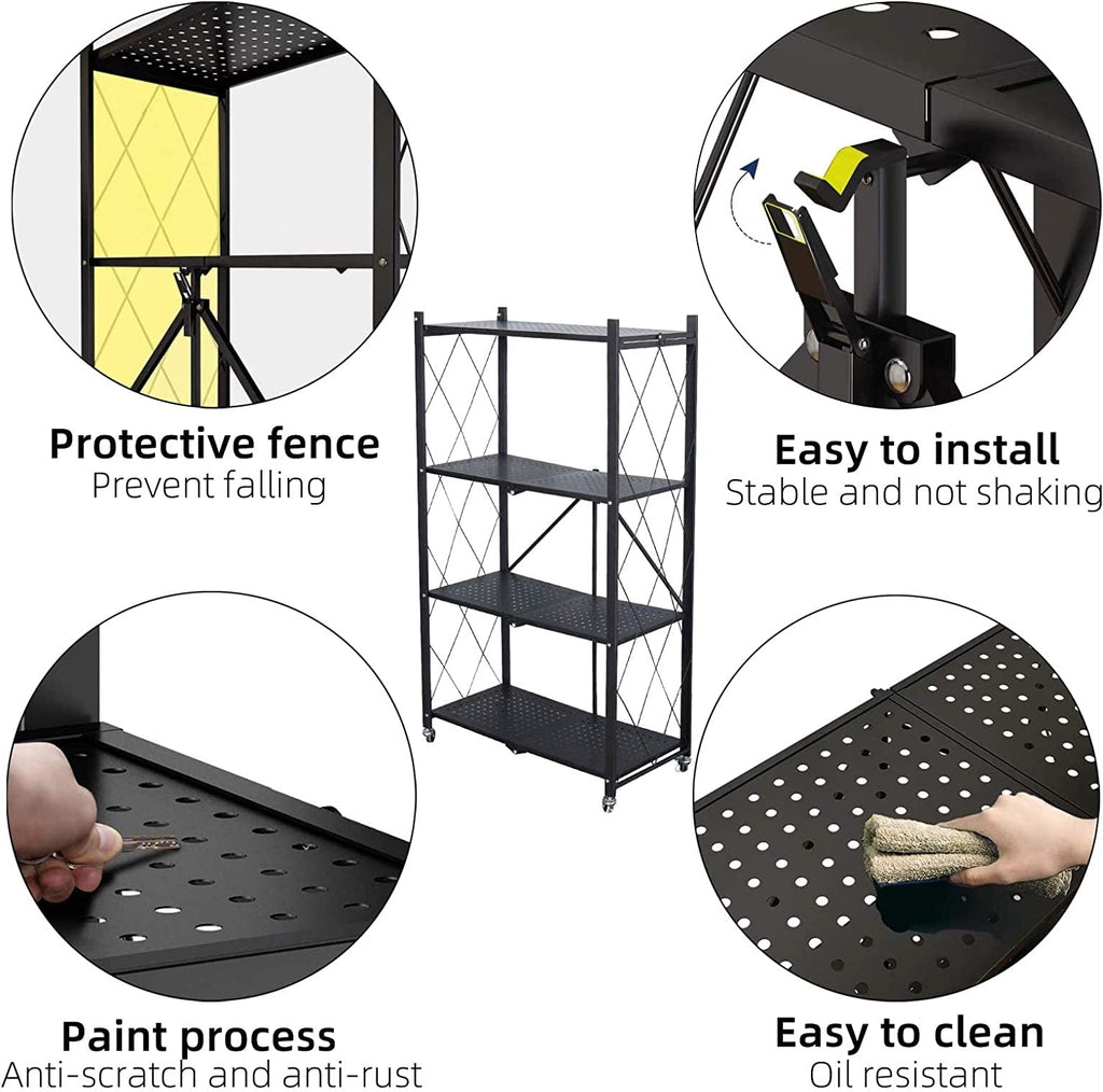 Storage Shelves, Closet Organizers and Storage 4-Shelf Foldable Metal Shelving Units 28" W X 14" D X 50" H for Garage Kitchen Bakers, Collapsible Organizer Rack, Heavy Duty on Wheels (4 -Shelf)