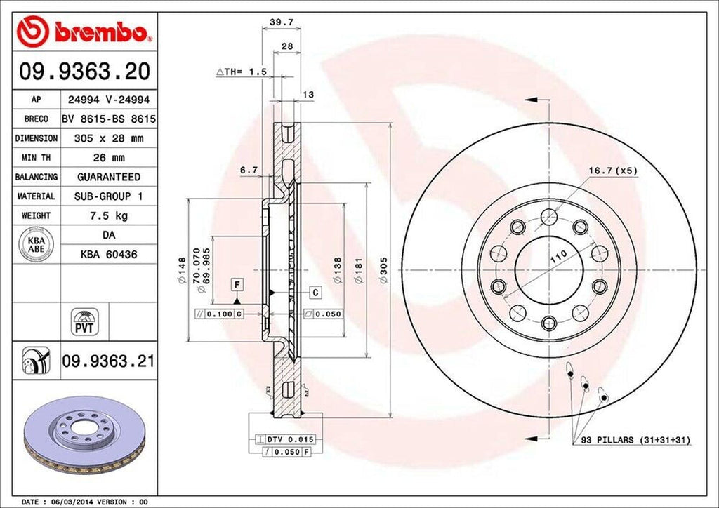 Brembo Front Disc Brake Rotor for 200, Dart (09.9363.21)