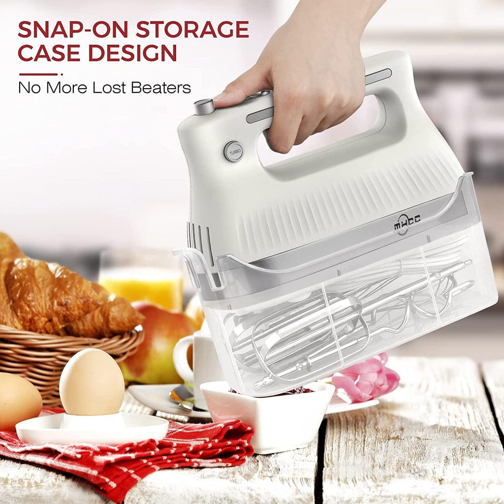 5-Speed​ Electric Hand Mixer with Snap-On Storage Case, Egg Beater, Cake Whisk, 250-Watt-White