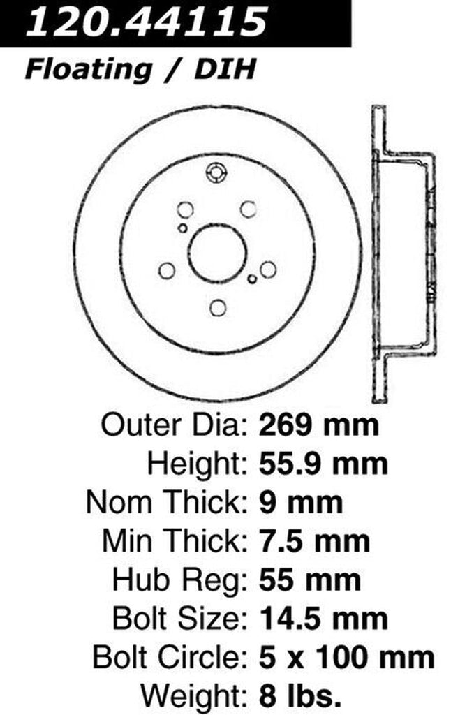 Centric Rear Disc Brake Rotor for Tc, Matrix, Vibe, Corolla, Celica (120.44115)