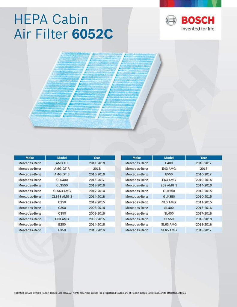 6052C HEPA Cabin Air Filter - Compatible with Select Mercedes-Benz AMG GT, C250, C300, C350, C63, CLS400, CLS550, CLS63, E250, E350, E400, E550, E63, GLK250, GLK350, SL400, SL450, SL550, SL63/65