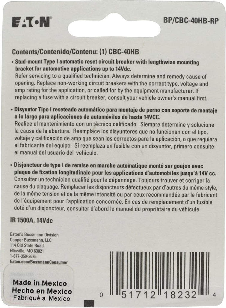 (BP/CBC-40HB-RP) 40 Amp Type-I Stud Mount Circuit Breaker with Lengthwise Bracket