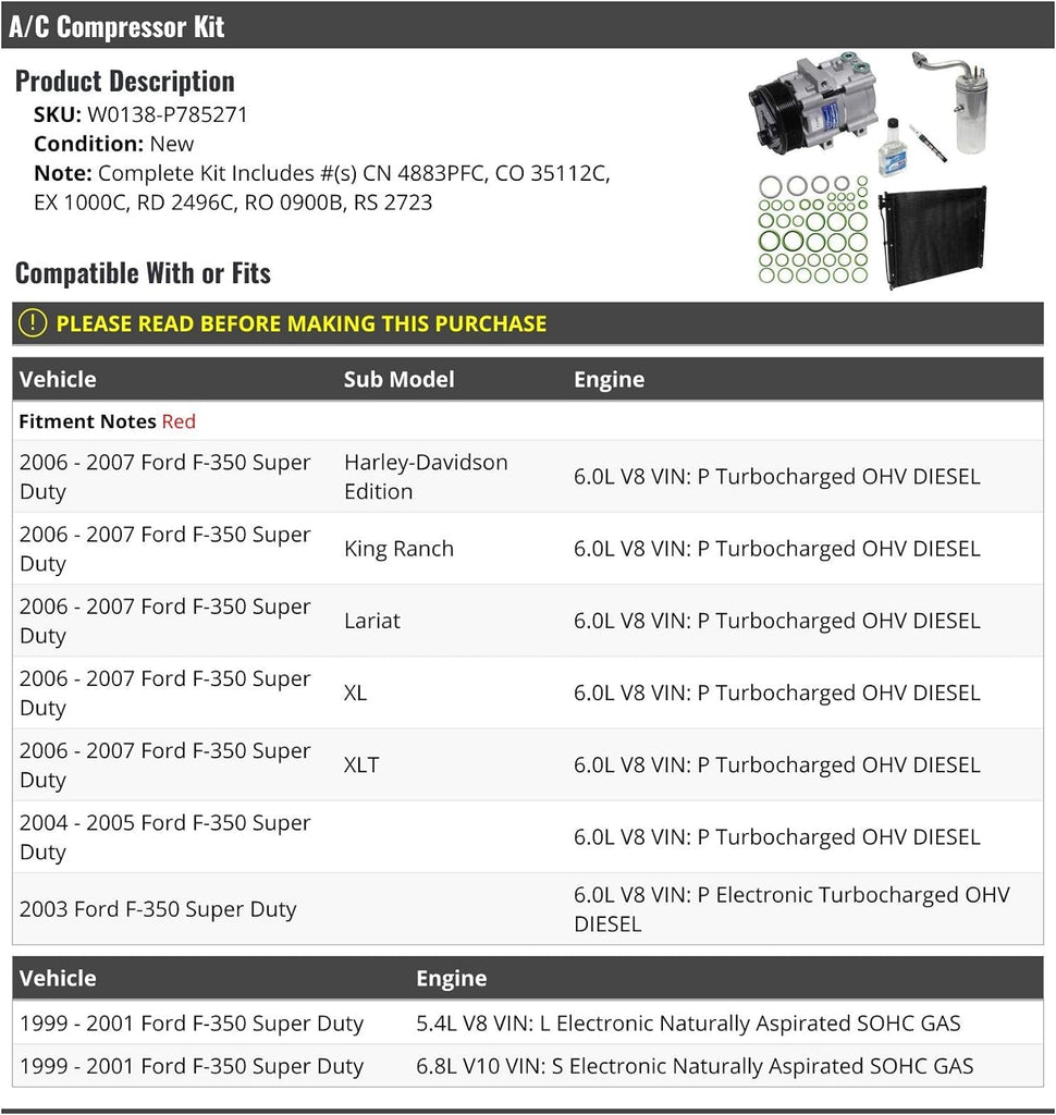 A/C Compressor Kit - Compatible with 1999-2001, 2003-2007 Ford F350 Super Duty