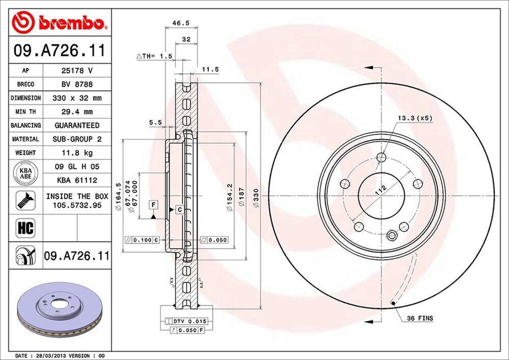 Brembo Front Disc Brake Rotor for Crossfire, SLK32 AMG, E430 (09.A726.11)