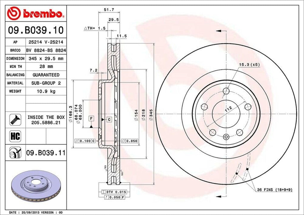 Brembo Front Disc Brake Rotor for Audi (09.B039.11)