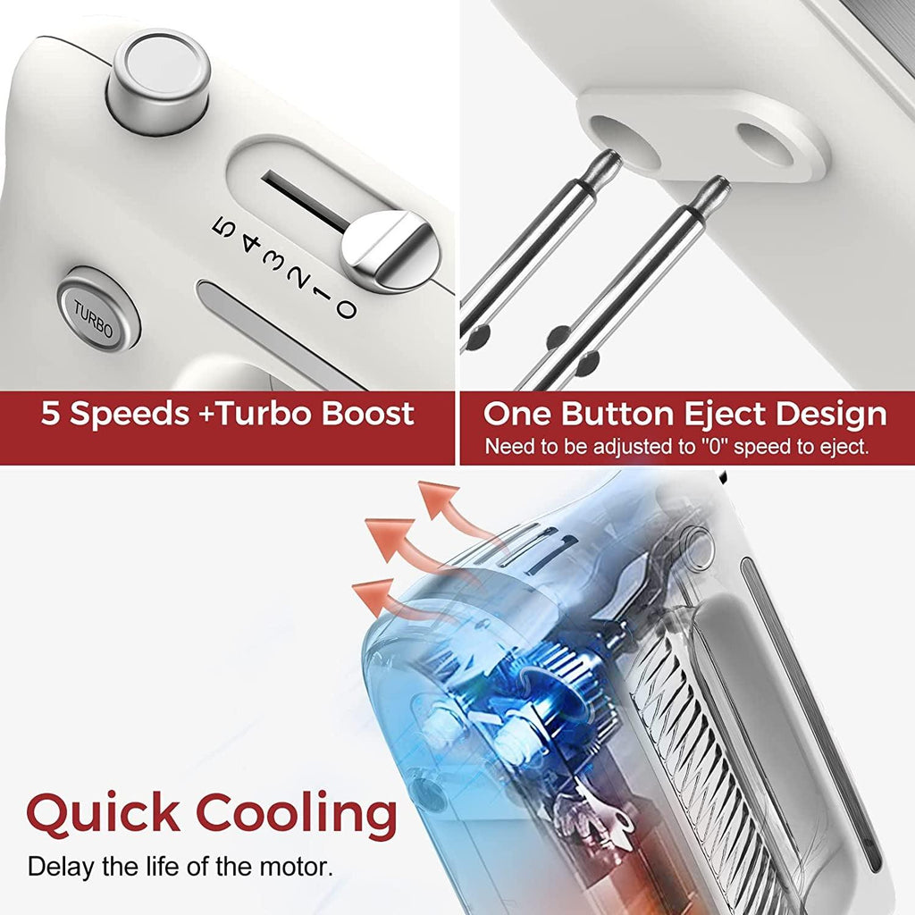 5-Speed​ Electric Hand Mixer with Snap-On Storage Case, Egg Beater, Cake Whisk, 250-Watt-White