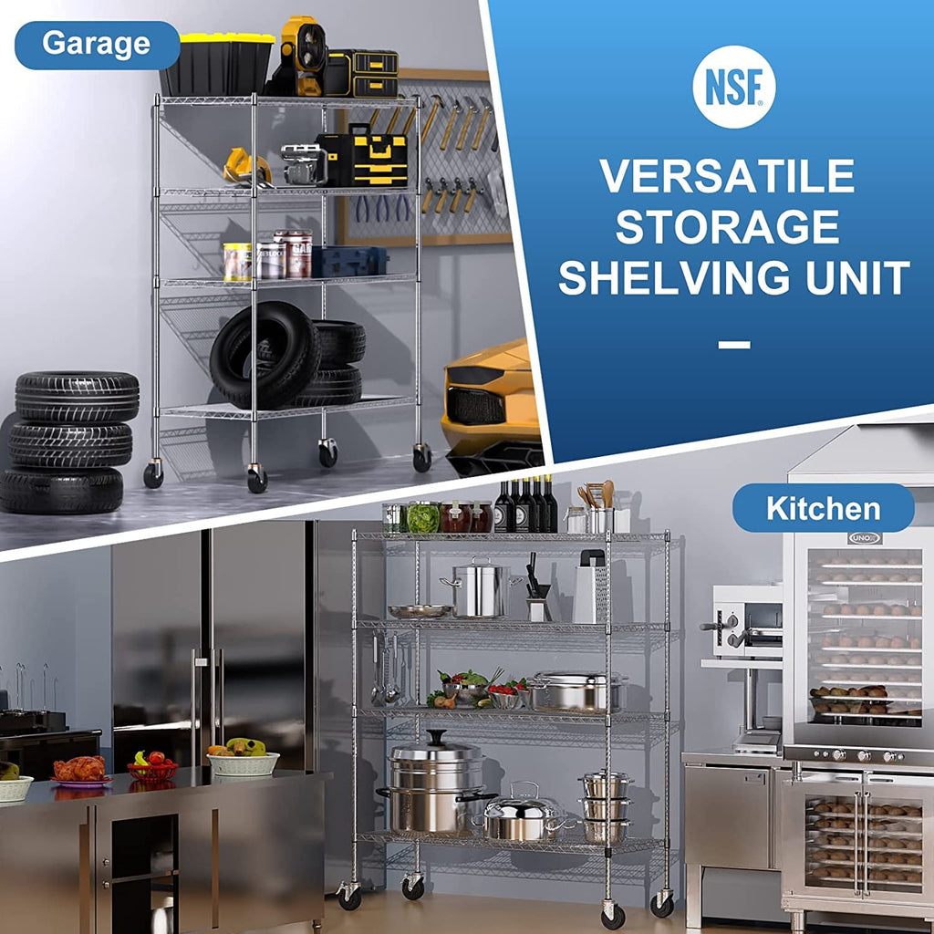 Luxspire Wire Shelving Unit with Wheels, 2400LB Heavy Duty NSF Commercial-Grade Adjustable Storage Shelves, Metal Shelving Utility Rack, Kitchen Garage Organizer Shelf Rack,4-Tier 48X18X72 In, Chrome