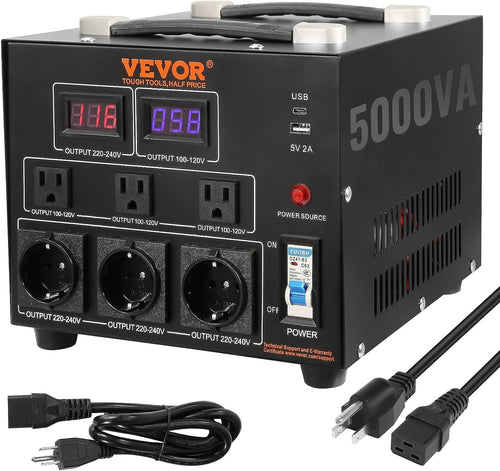 VEVOR Voltage Converter Transformer, 5000W, Heavy Duty Step Up/Down Transformer, Convert from 110 Volt to 220 Volt and from 220 Volt to 110 Volt, with US Outlet EU Outlet 5V USB Port, CE Certified