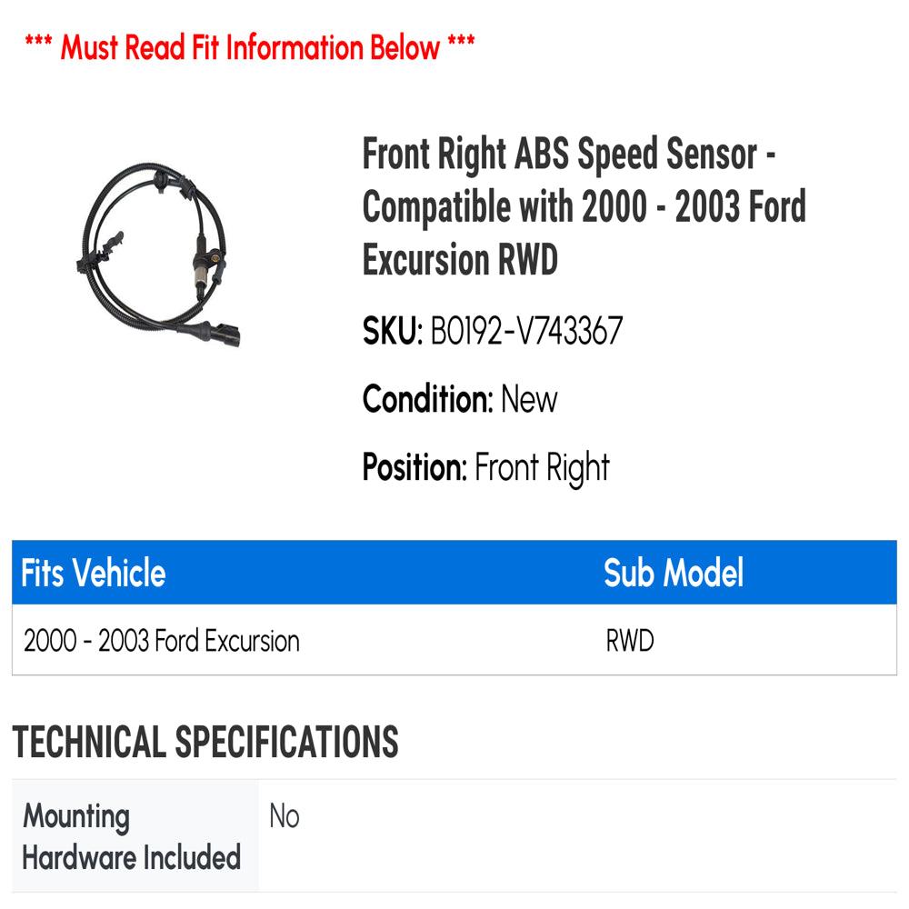 Front Right ABS Speed Sensor - Compatible with 2000 - 2003 Ford Excursion RWD 2001 2002