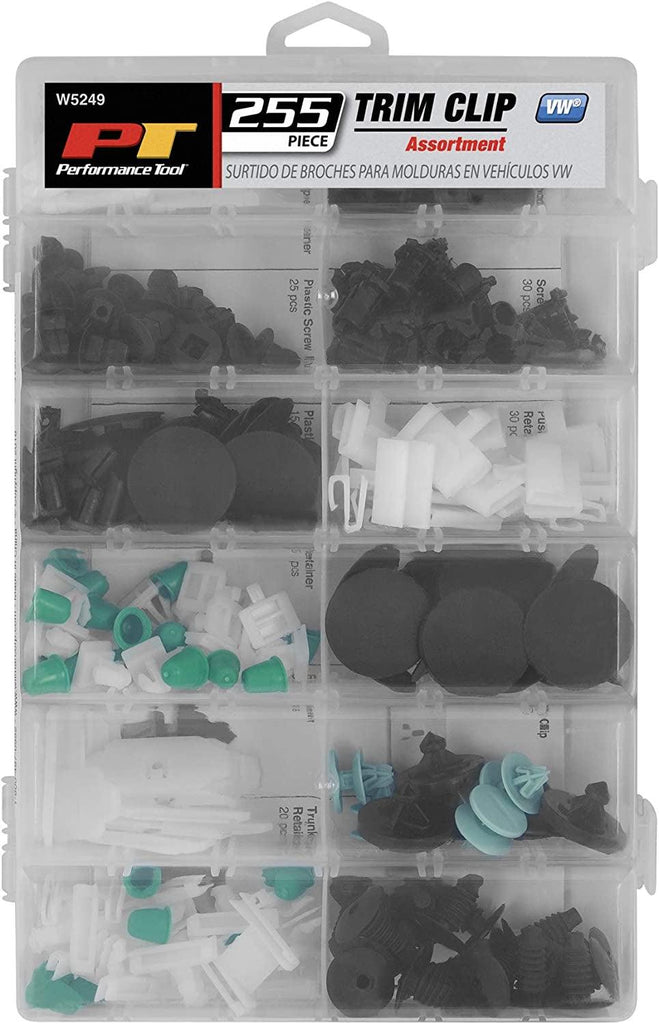 Performance Tool W5249 - 255Pc Auto Body Retainer, Fastener, and Clip Assortment for Volkswagen Vehicles - OEM Quality Nylon Clips in Organizer
