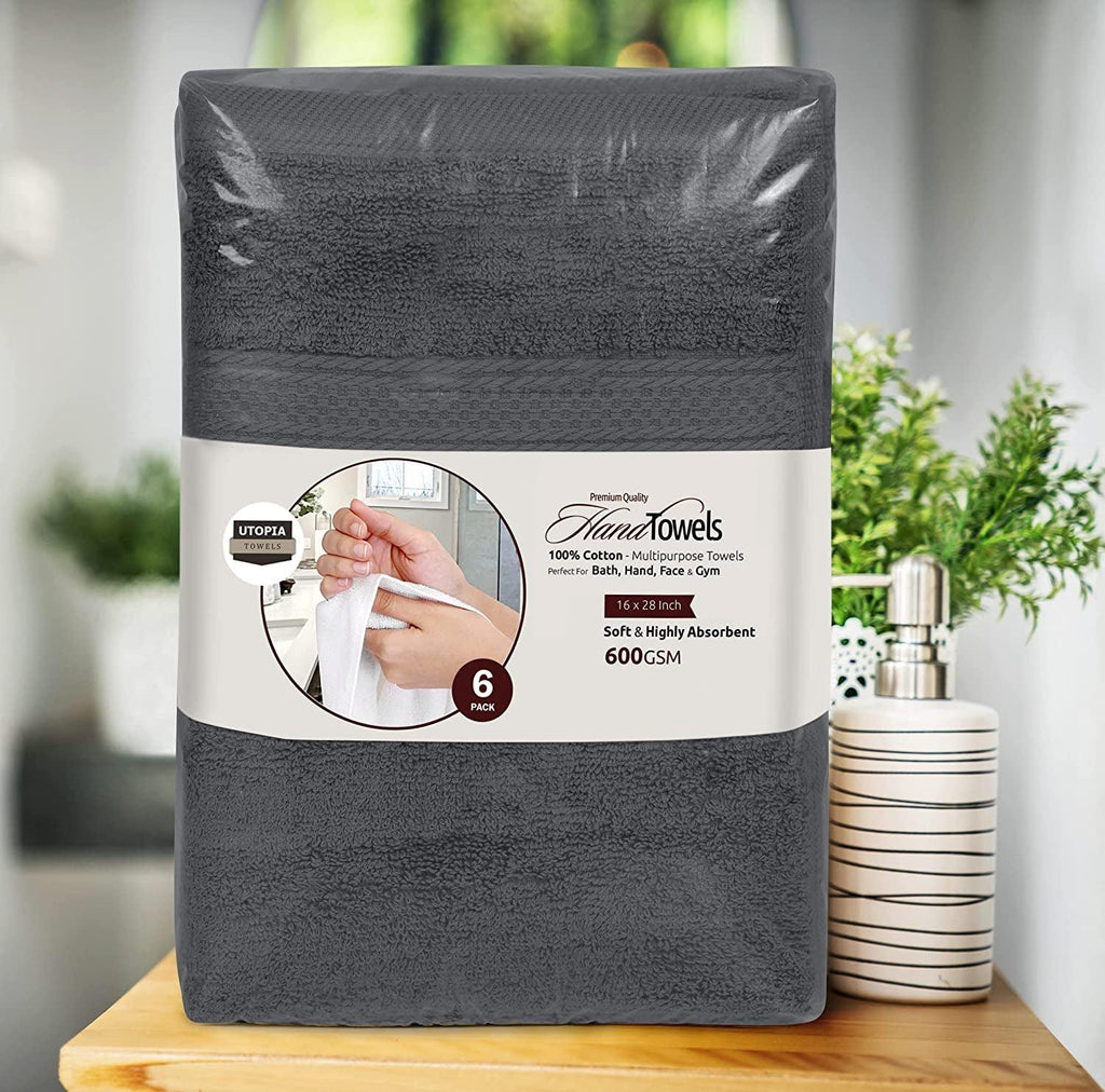 6 Pack Premium Hand Towels Set, (16 X 28 Inches) 100% Ring Spun Cotton, Ultra Soft and Highly Absorbent 600GSM Towels for Bathroom, Gym, Shower, Hotel, and Spa (Grey)