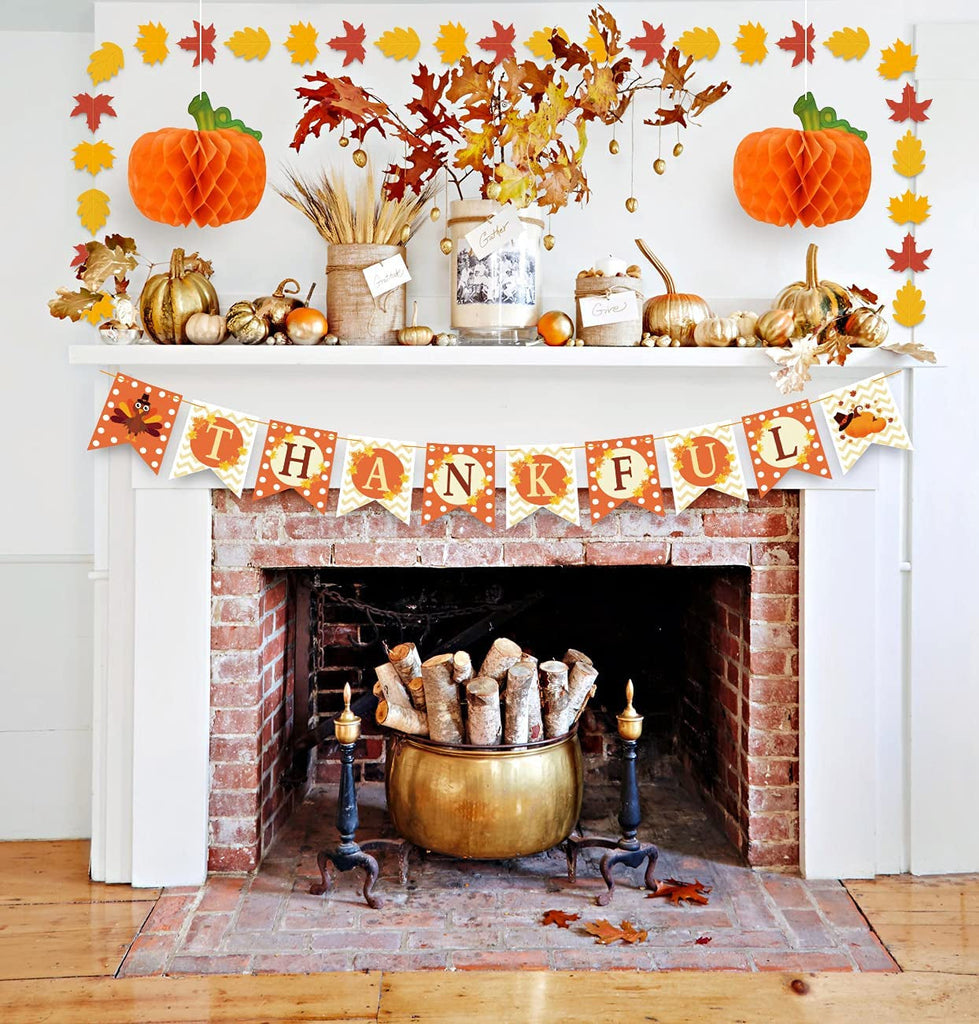 Dazonge Thanksgiving Decorations 40PCS, Pre-Assembled Thanksgiving Banner, Hanging Swirls, Fall Leaves Garland and Honeycomb Pumpkins for Thanksgiving Decor, Fall Decor, Thanksgiving Decorations for Home