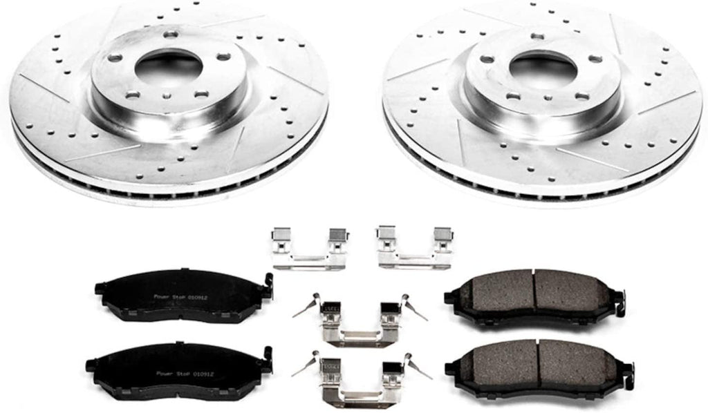 K112 Front Z23 Carbon Fiber Brake Pads with Drilled & Slotted Brake Rotors Kit 14.3 X 14.3 Inch
